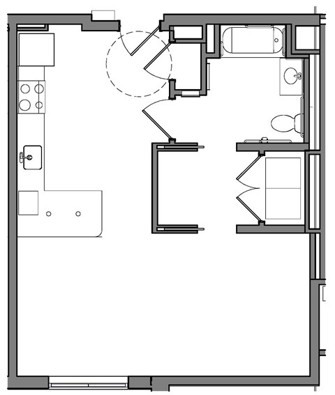 A floor plan of a house with a kitchen, living room, and bathroom.